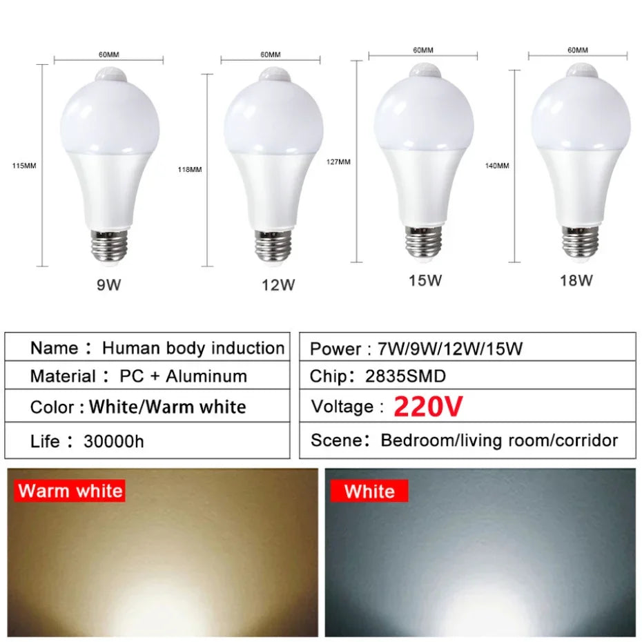 220V E27 PIR Motion Sensor Lamp 9W 12W 15W 18W LED Bulb with Motion Sensor Infrared Radiation Motion Detector Security Light