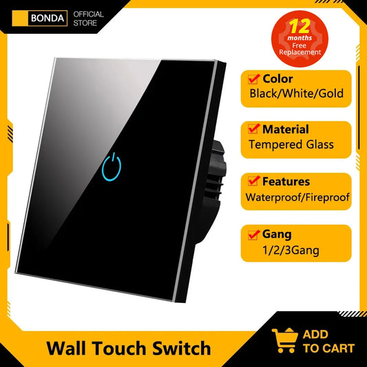 EU Smart Wall Touch Switch 220V EU Standard Tempered Crystal Glass Panel Power 1/2/3 Gang 1 Way Light Sensor Switches Waterproof